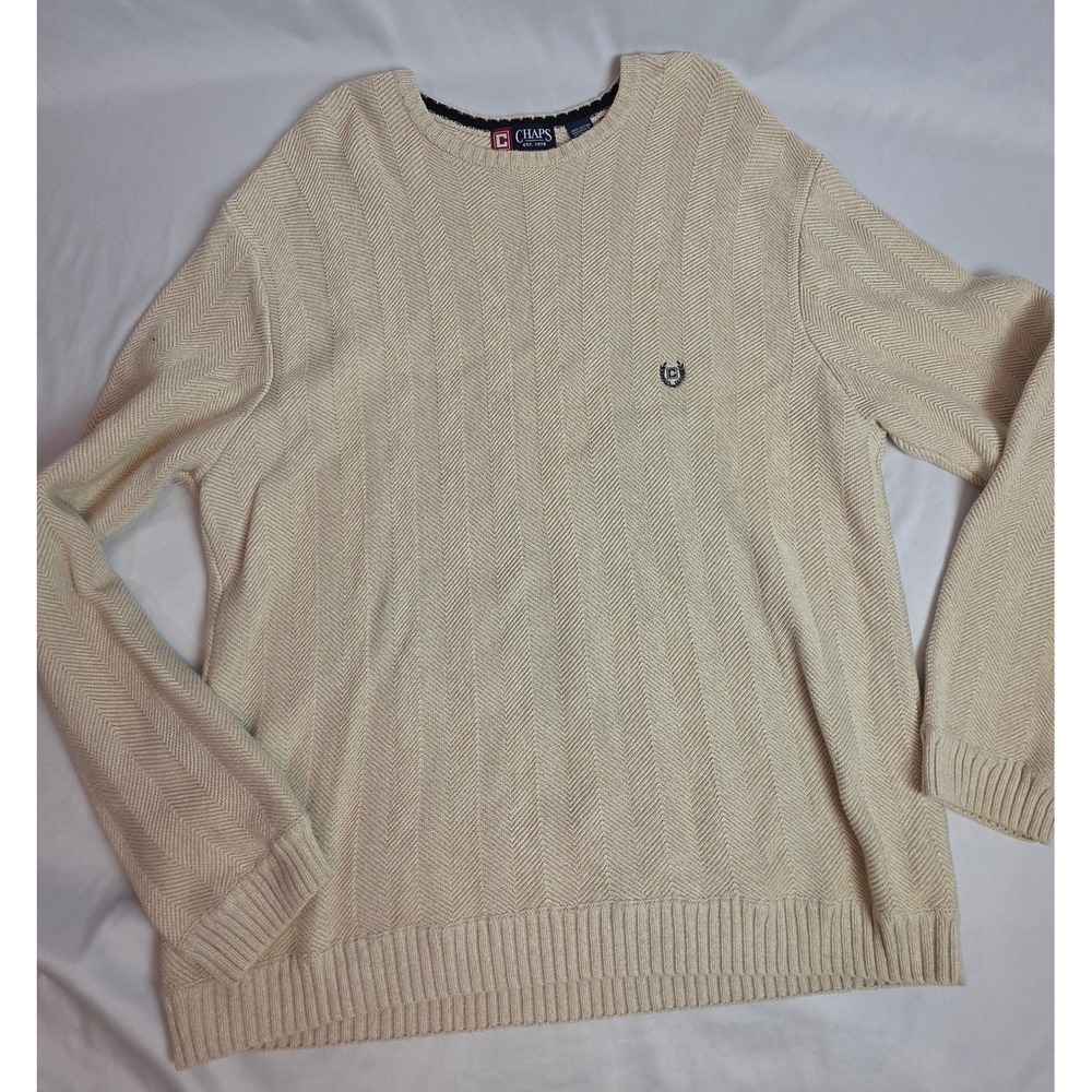 Chaps Mens XXL Cream Beige Herringbone Cotton Knit Crewneck Sweater Preppy Logo